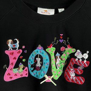 Quacker Factory LOVE Hearts Dogs Top Size L Black Pink Embroidered Sweatshirt